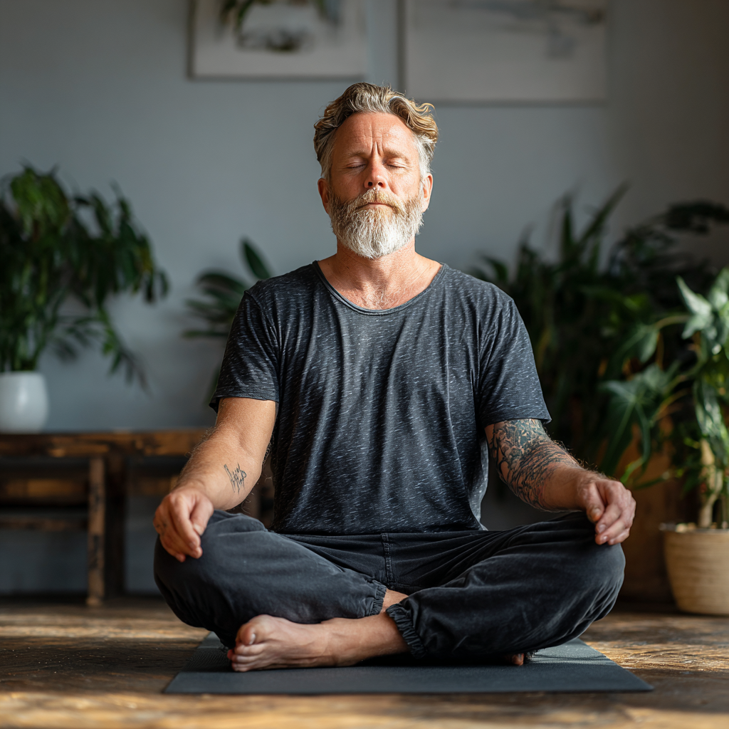 A mindful 50-year-old man in meditation pose sitting cross-legged on a yoga mat in a peaceful bright room with plants, eyes closed in deep concentration, radiating tranquility and inner peace