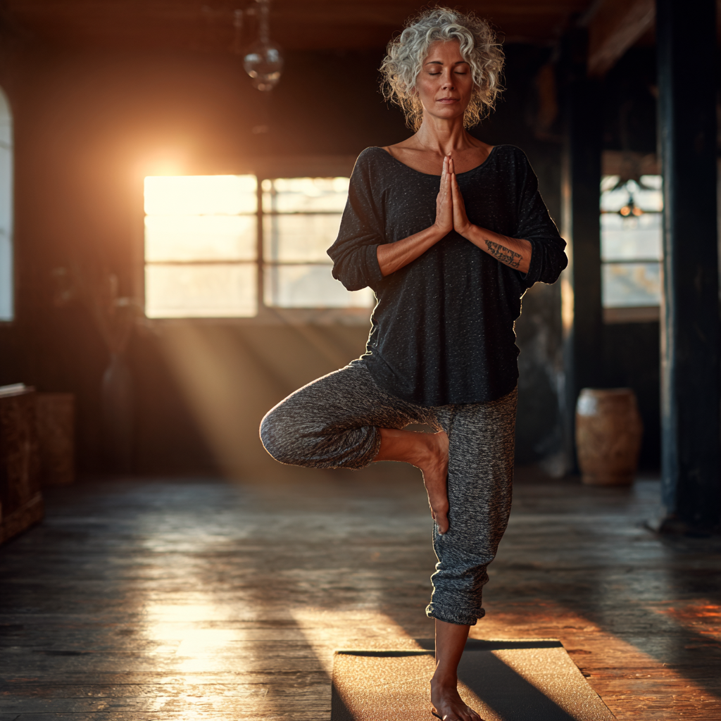 A serene 45-year-old woman in comfortable yoga attire practicing a gentle standing pose in a sunlit studio with wooden floors, her expression peaceful and focused, embodying calm and balance